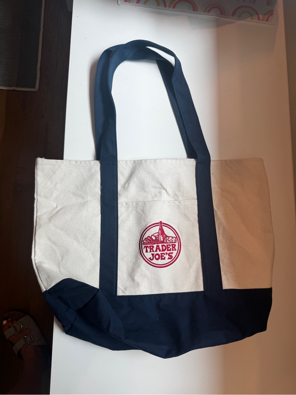 Trader Joe's Canvas Tote Bag in Cream and Navy (Large)